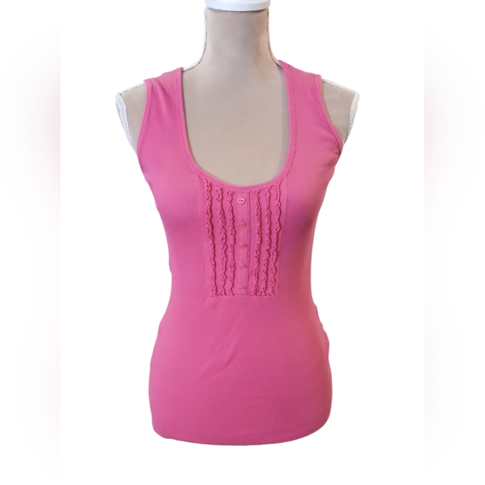 Rue 21 Long Ribbed Pink Henley Ruffle Pink Scoop Neck Tank Top Medium Y2k